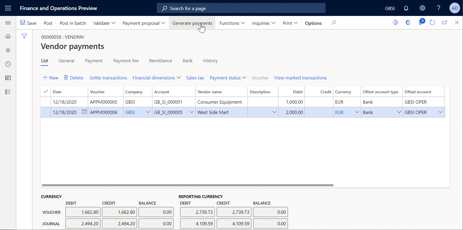Screenshot of payments for processing on the Vendor payments page.