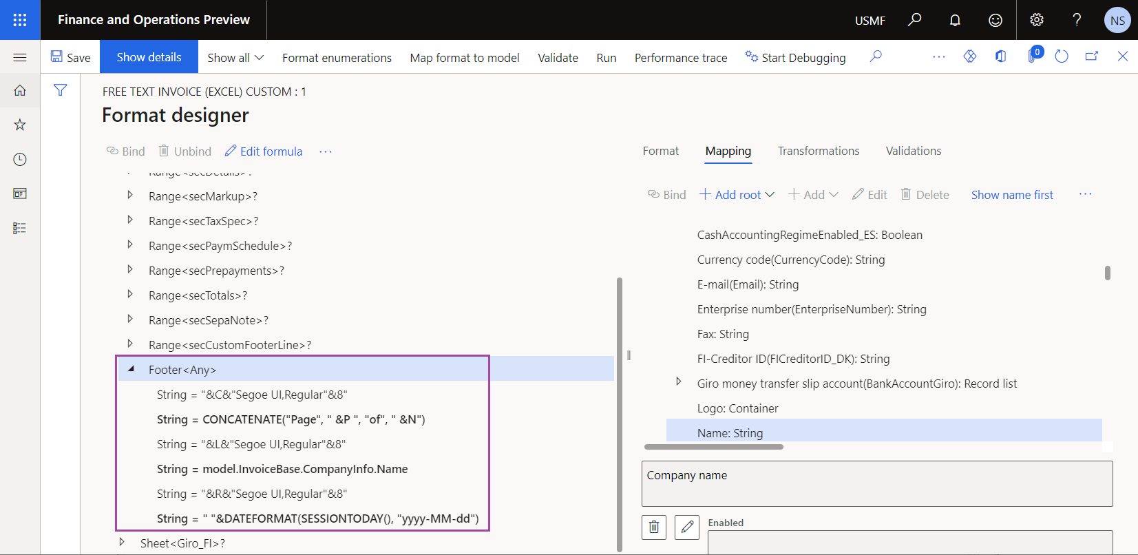Screenshot of reviewing the Footer ER format component on the Format designer page.