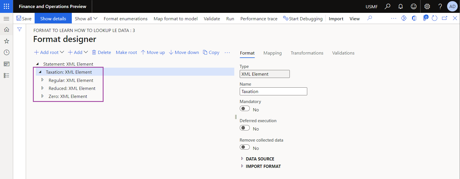 Screenshot of the format sections to separately report different type of taxes.