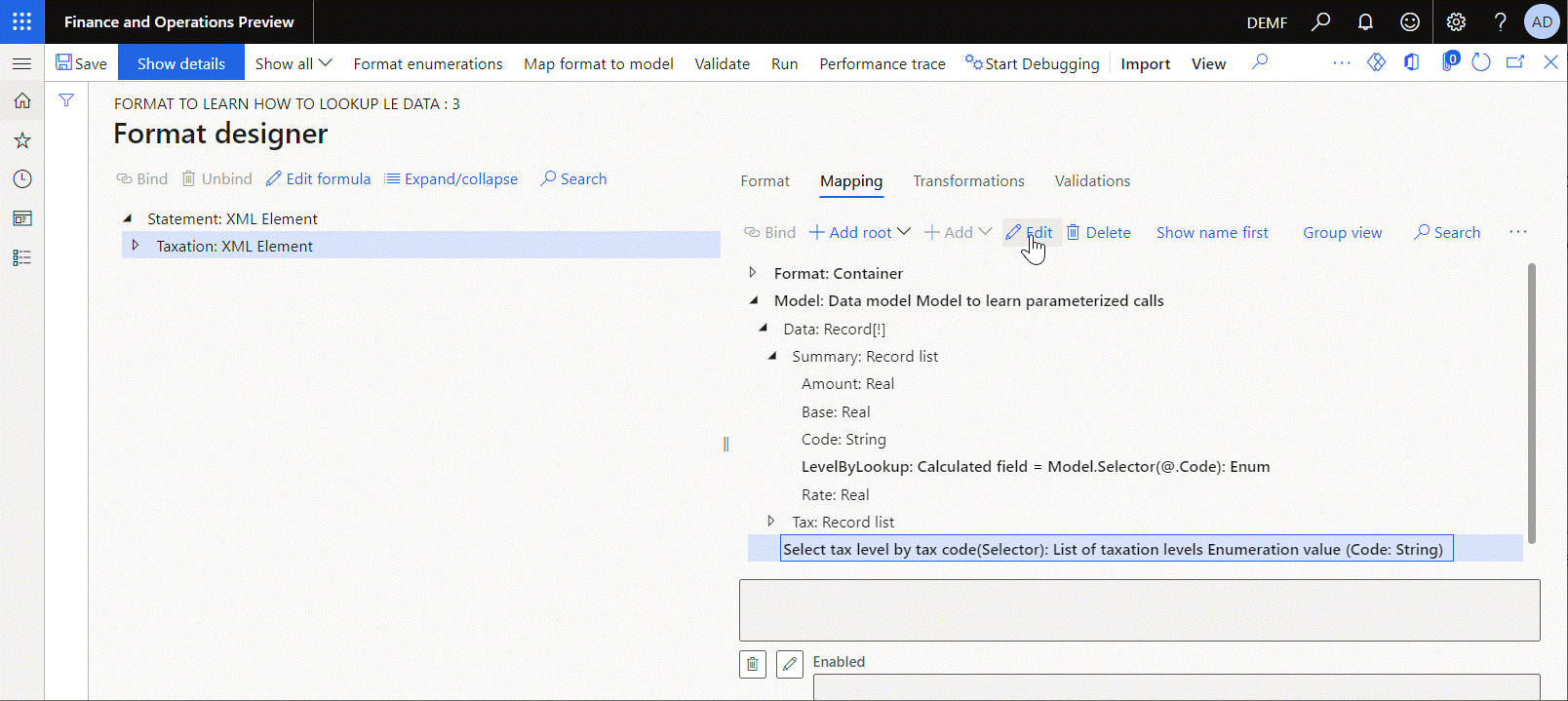 Screenshot of the cross-company lookup data source of the Format enumeration\Lookup type.