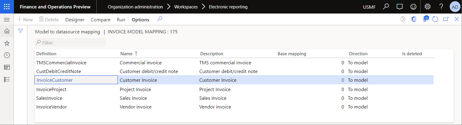Screenshot of the Invoice model mapping on the Model to datasource mapping page.