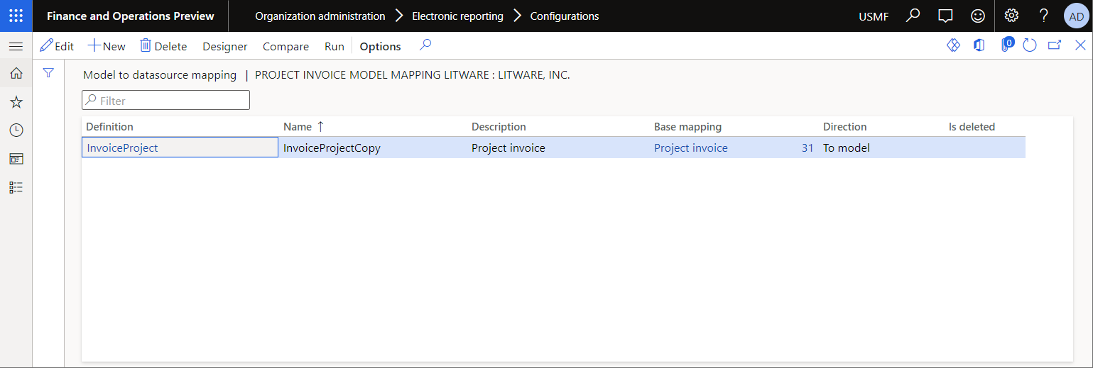Screenshot of the customized project invoice model mappings on the Model to datasource mapping page.