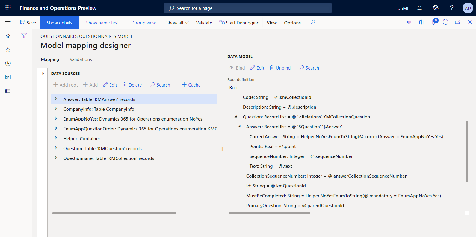 Screenshot of the fully configured model mapping in the ER model mapping designer.