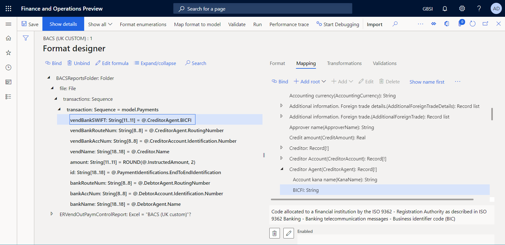 Screenshot of the vendBankSWIFT format element bound with the model.Payment.CreditorAgent.BICFI data source field in the ER Operations designer.