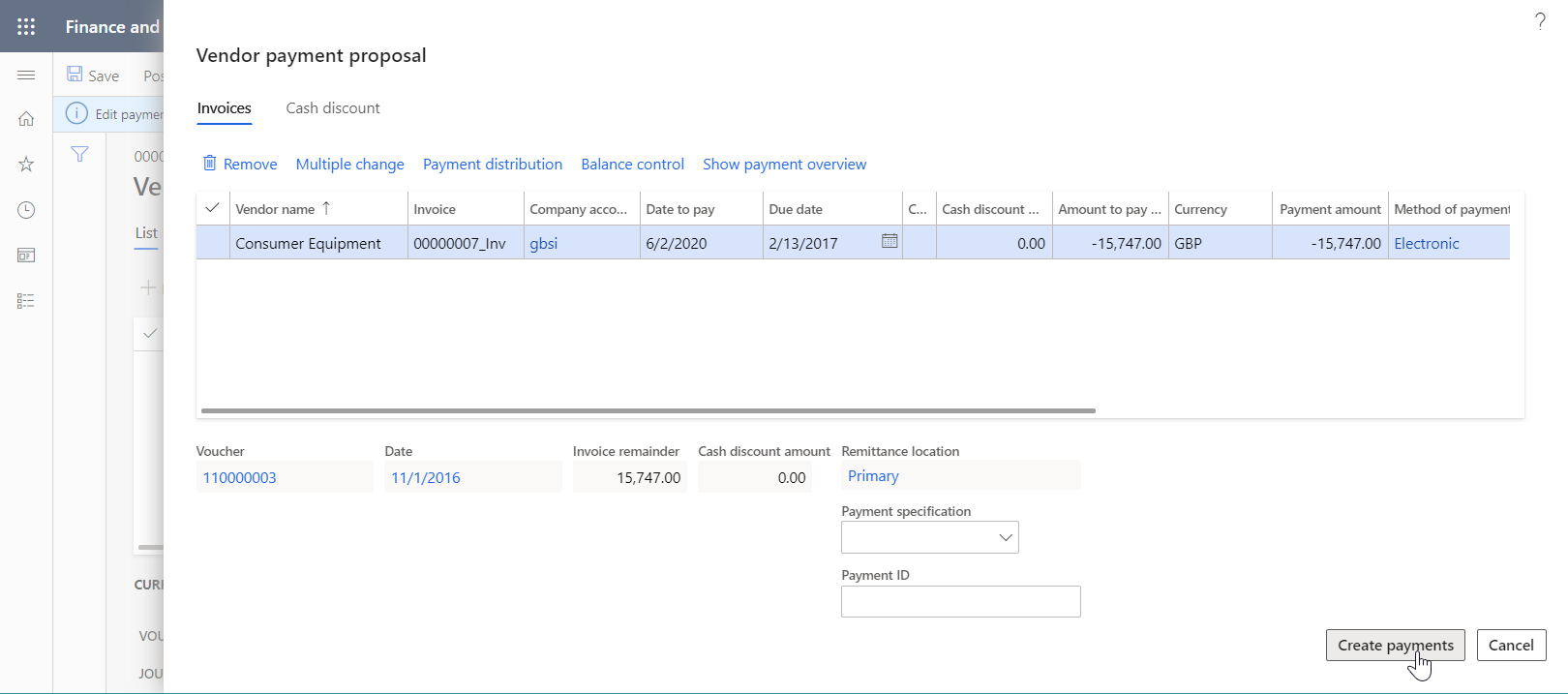 Screenshot of the Vendor payment proposal dialog box.
