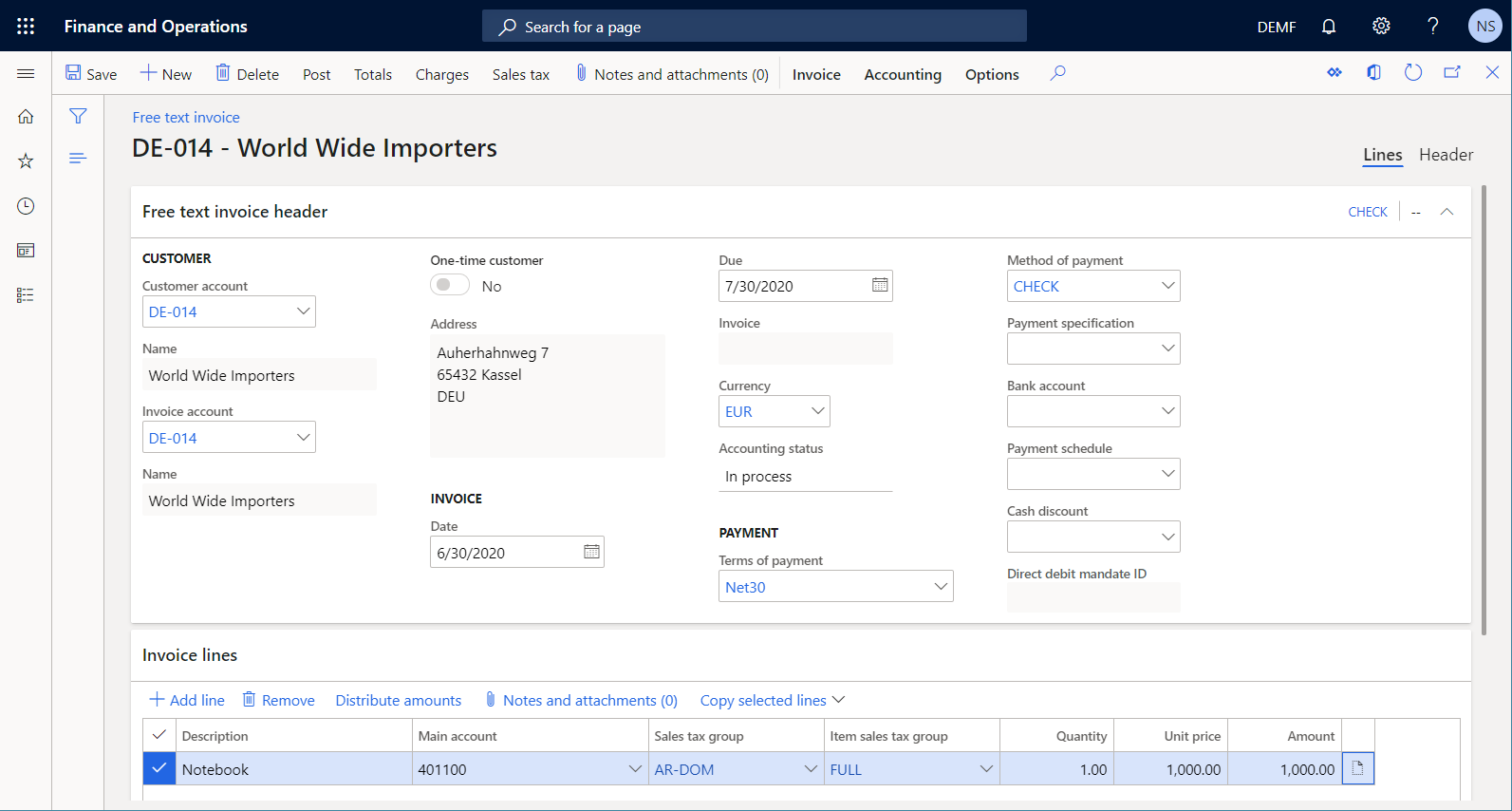 Screenshot of the Free text invoice page.