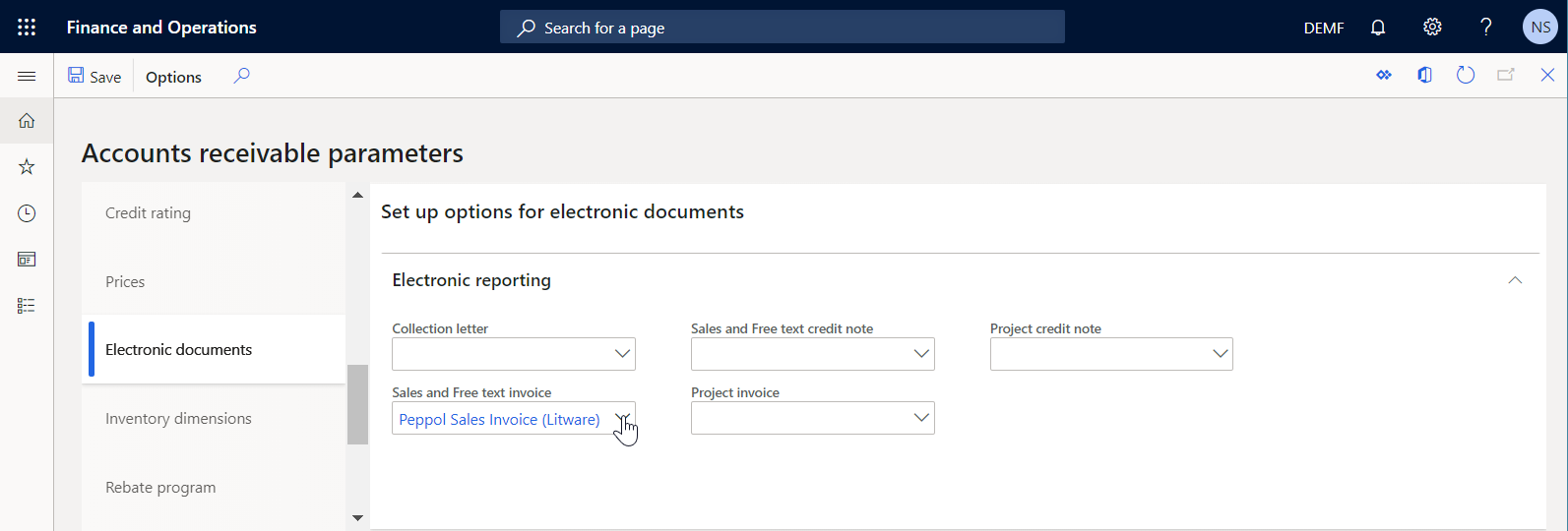 Screenshot of the Accounts receivable parameters page, Electronic documents tab, Electronic reporting FastTab.