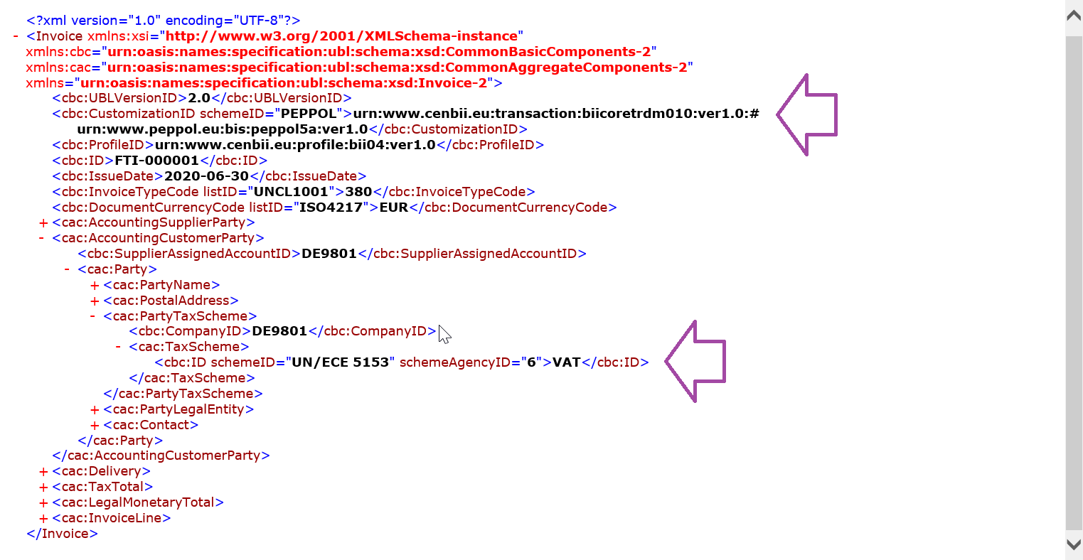 Screenshot of the preview of the generated e-invoice XML file.