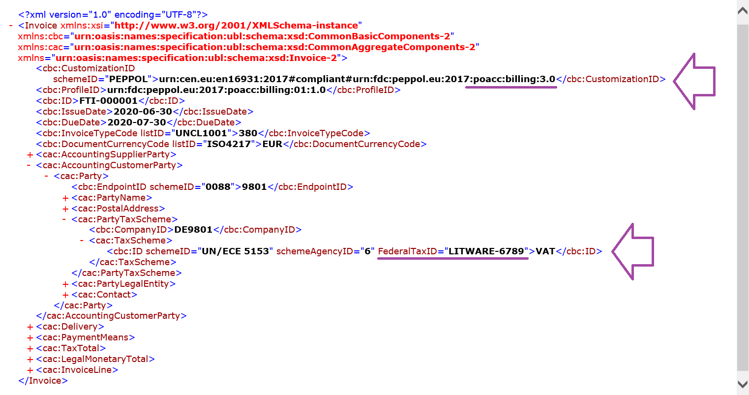 Screenshot of the preview of the generated e-invoice XML file with customizations.