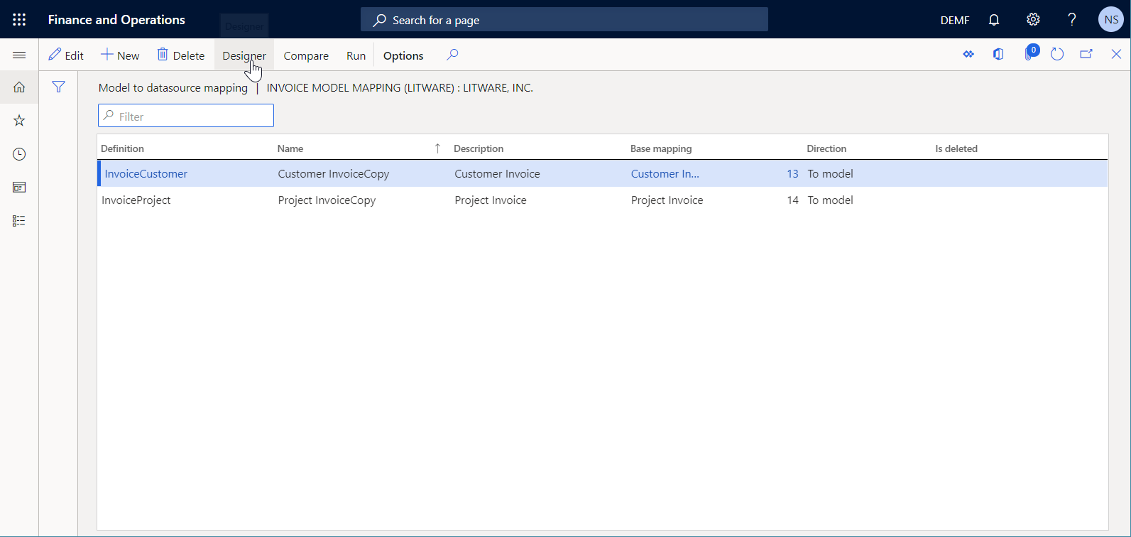 Screenshot of the Model to datasource mapping page.