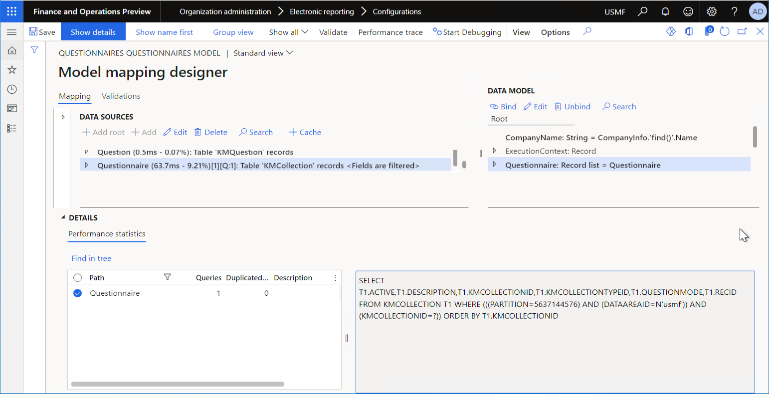 Screenshot of the details of the database query for the updated model mapping on the Model mapping designer page.