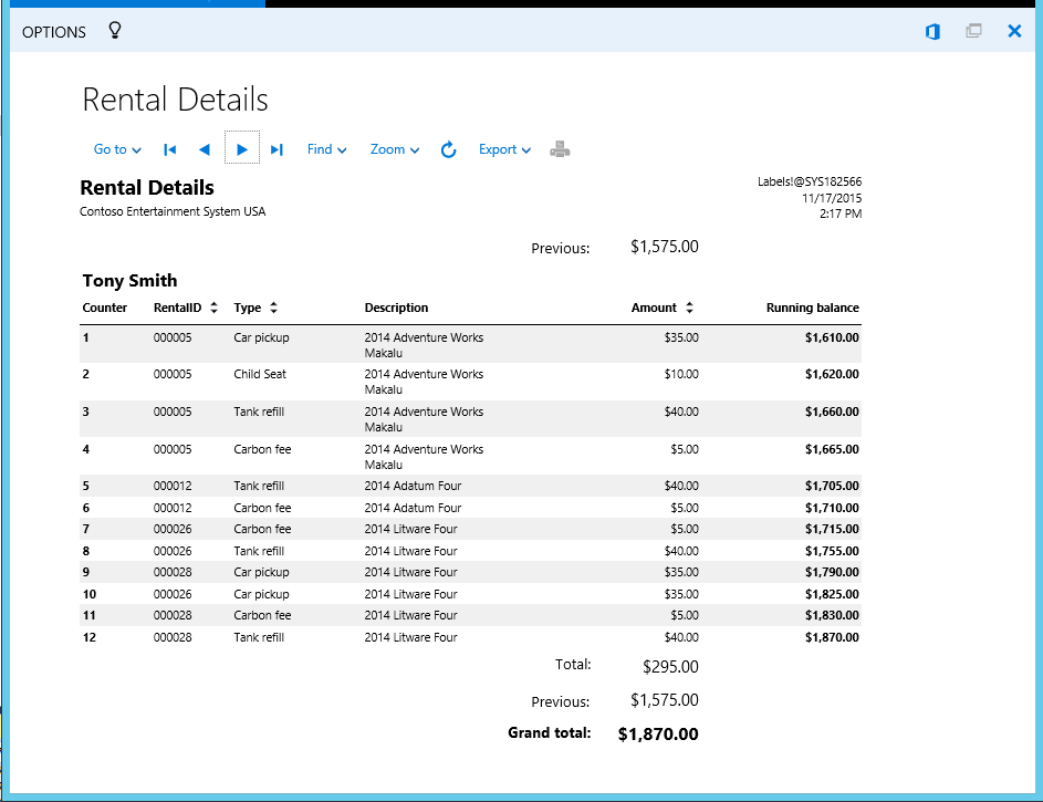 Screenshot of FMRentalDetails report.