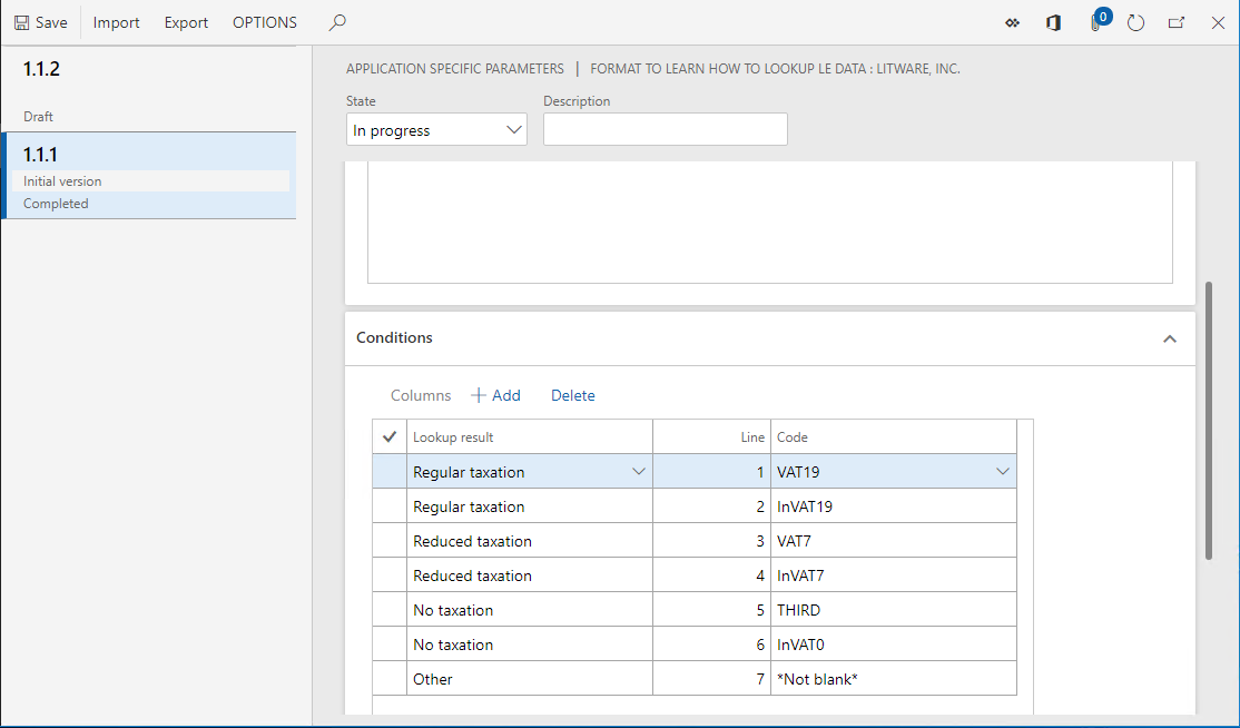 Screenshot of the last record added on the ER application-specific parameters page.