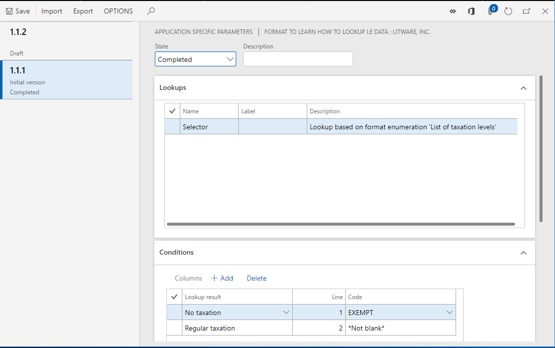 Screenshot of the ER application-specific parameters page with completed rules.