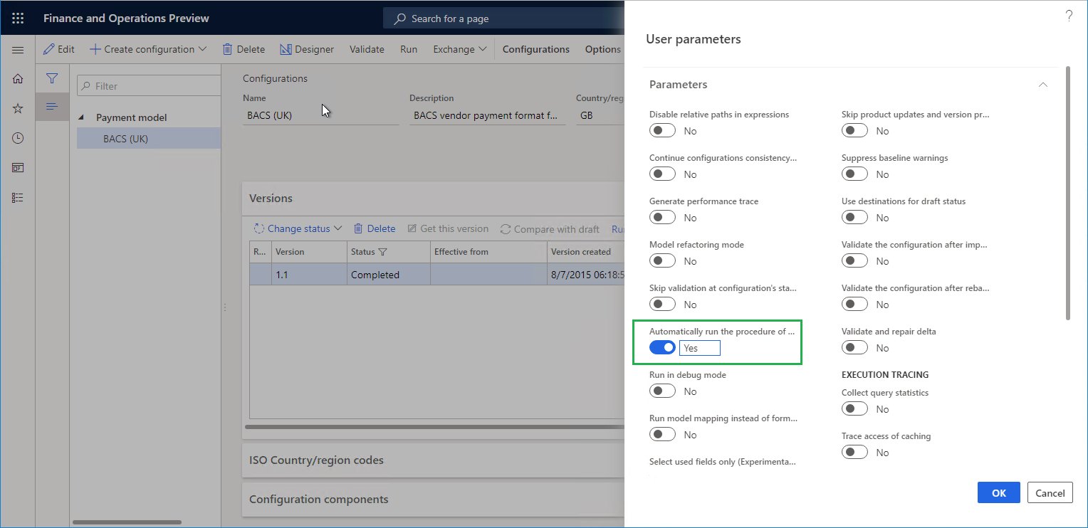 Screenshot of the ER configurations page showing User parameters.