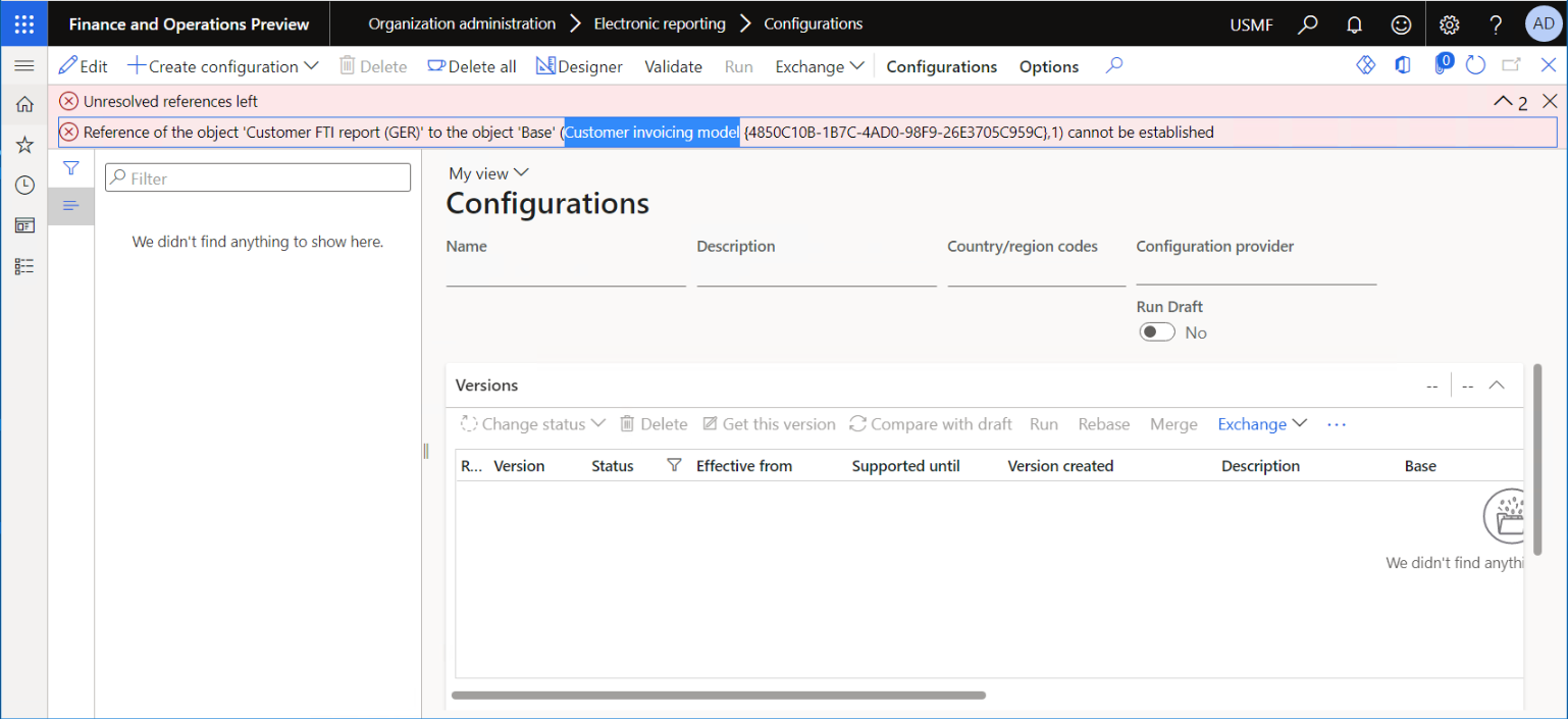 Screenshot of the exception on the Configuration repository page when the base configuration can't be found.