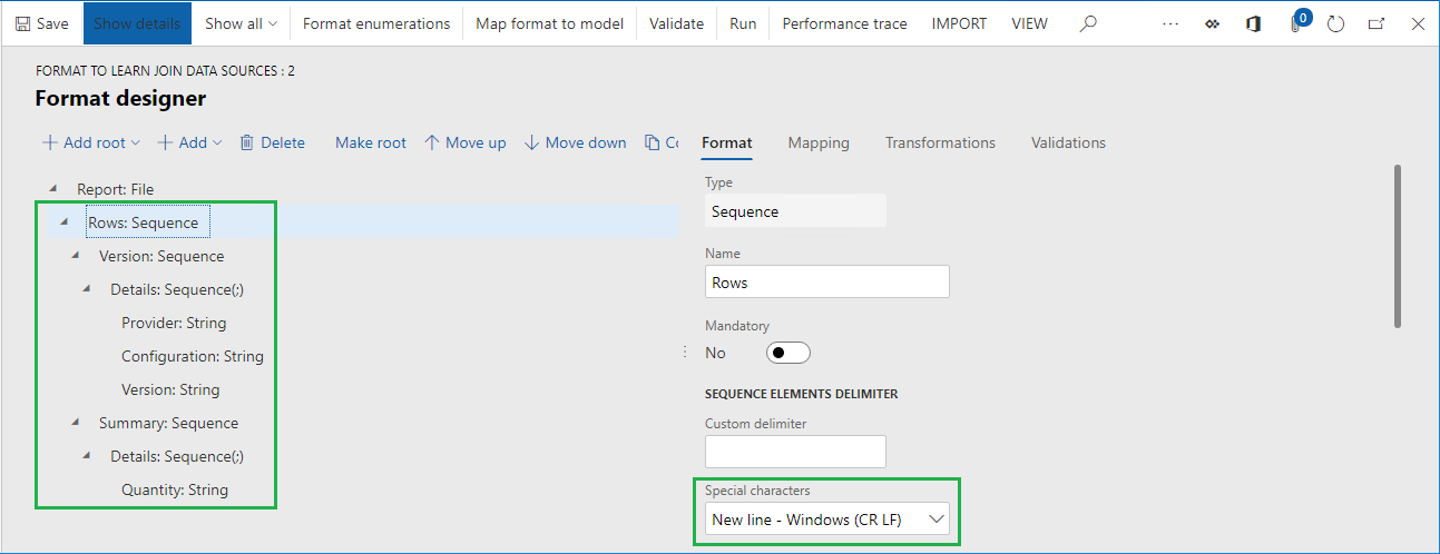 Screenshot of the ER format designer page, Format tab.