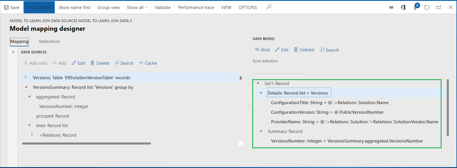 Screenshot of the ER model mapping designer page, list of bound data model items.