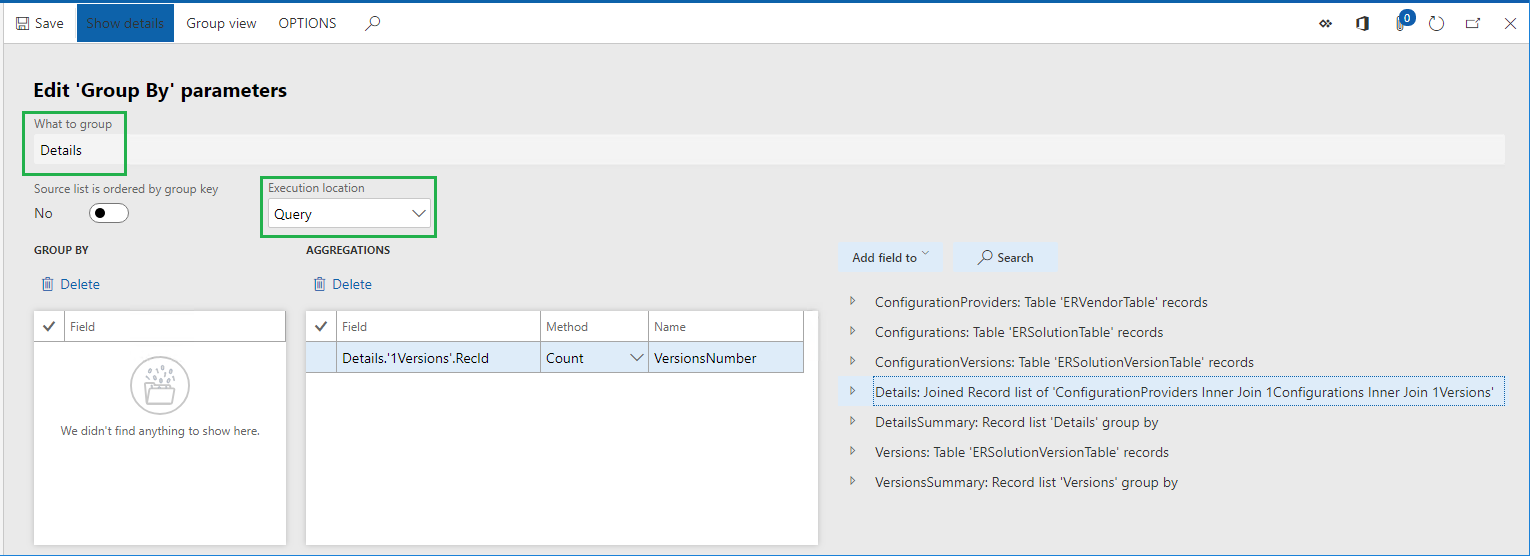 Screenshot of the GROUPBY data source parameters page.