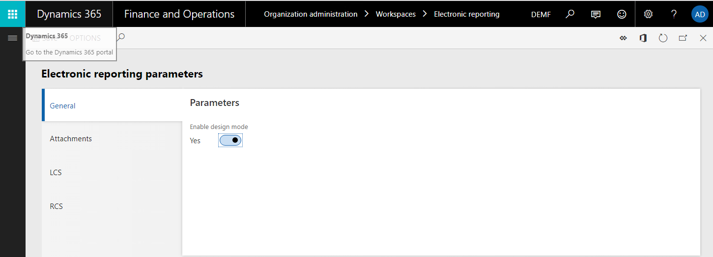 Screenshot of the Enable design mode option on the Electronic reporting parameters page.