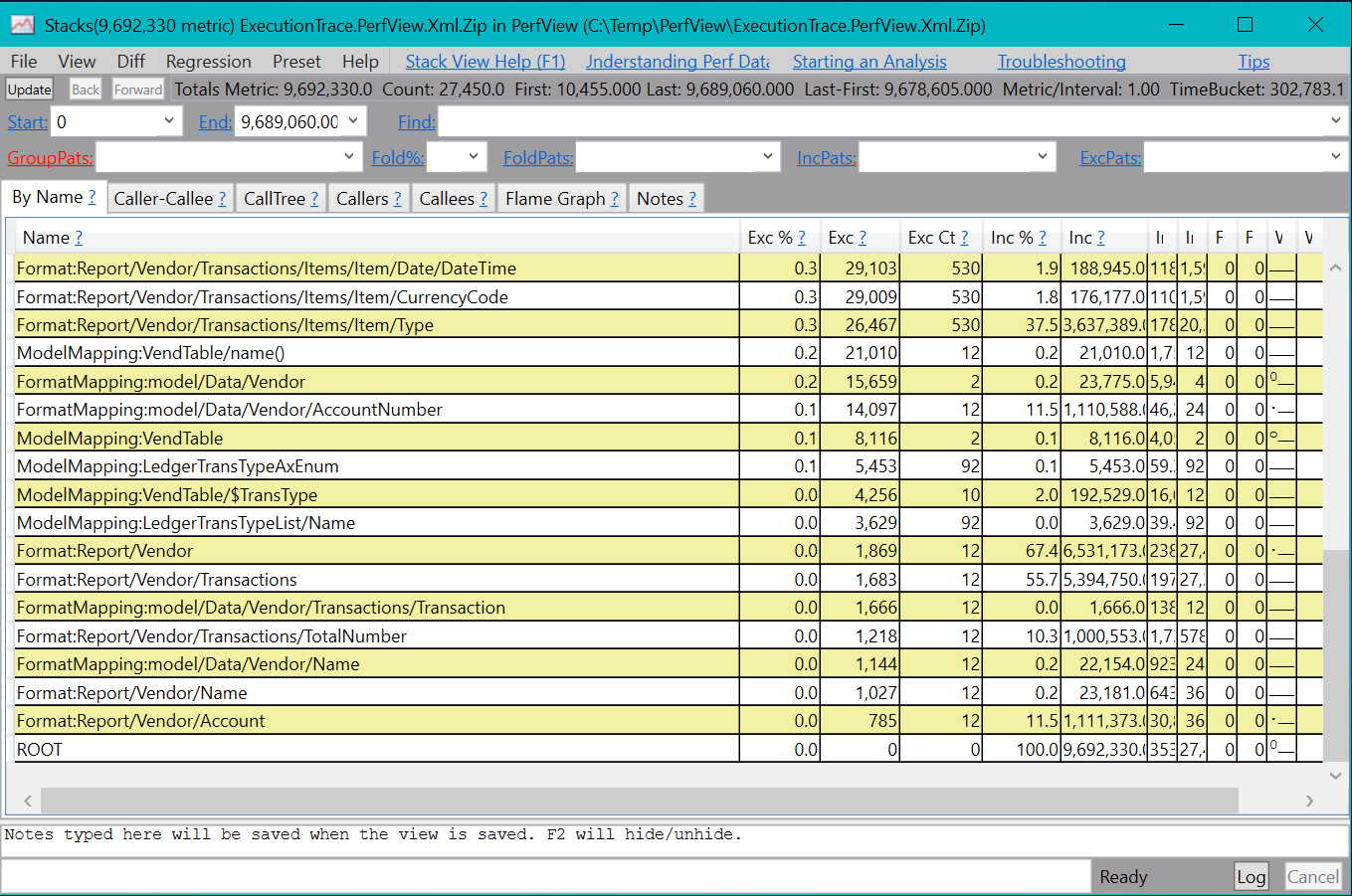 Screenshot of the performance trace information in PerfView format.