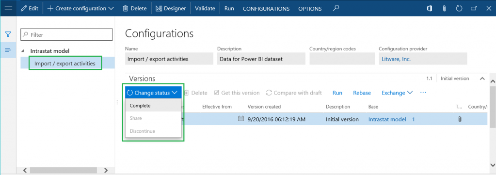 Screenshot of the Import/export activities configuration on the Configurations page.