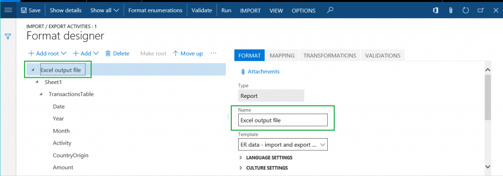 Screenshot of the Excel output file element.