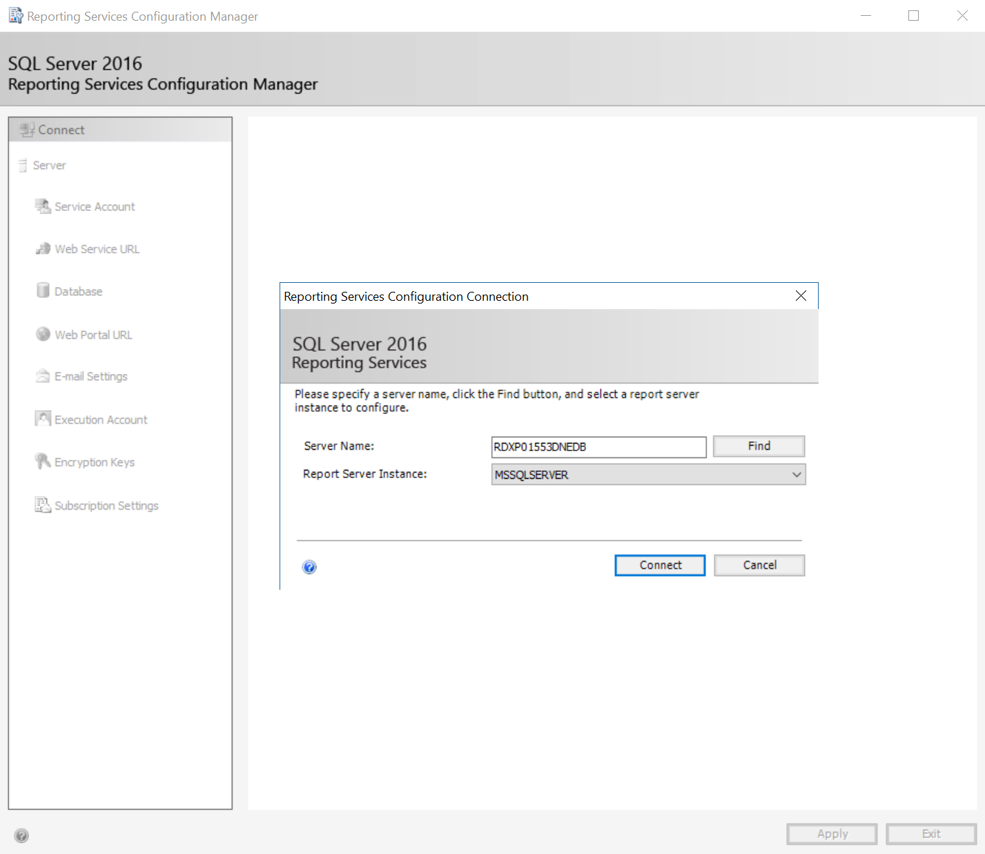 Screenshot of the Reporting Services Configuration Manager connection settings.