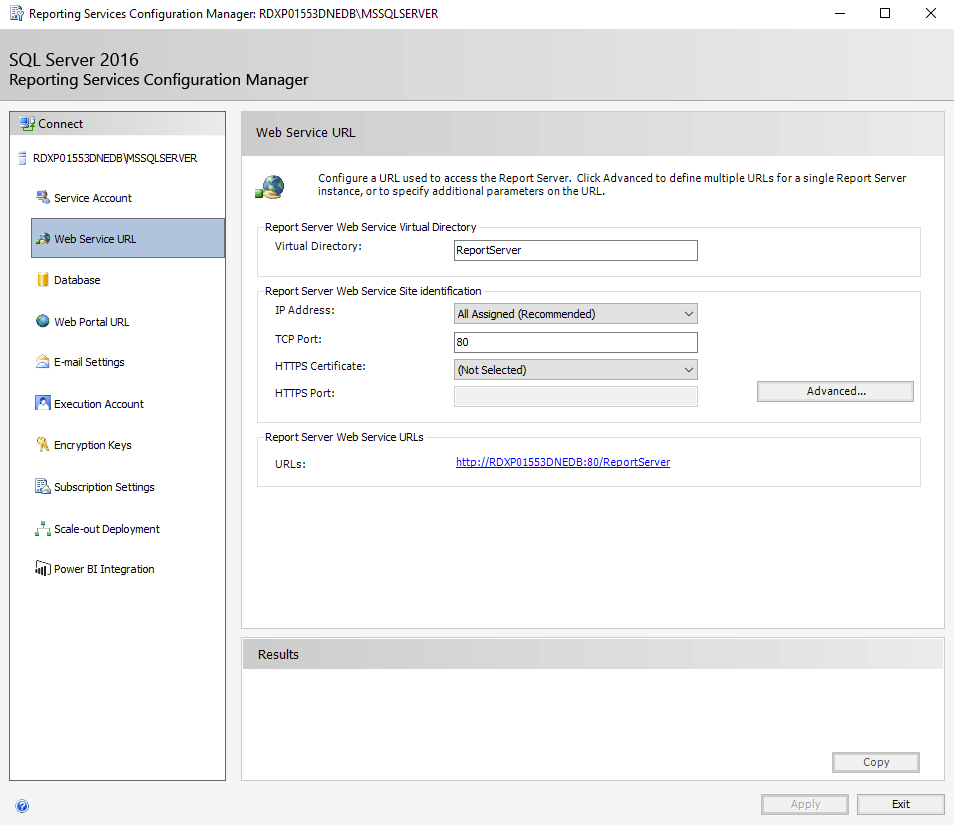 Screenshot of the Web Service URL tab in Reporting Services Configuration Manager.