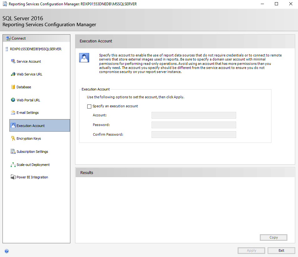 Screenshot of the Execution Account tab in Reporting Services Configuration Manager.