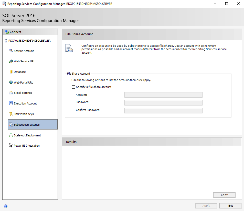 Screenshot of the Subscription Settings tab in Reporting Services Configuration Manager.