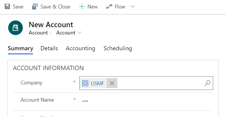 Screenshot of changing the company name on a new account.