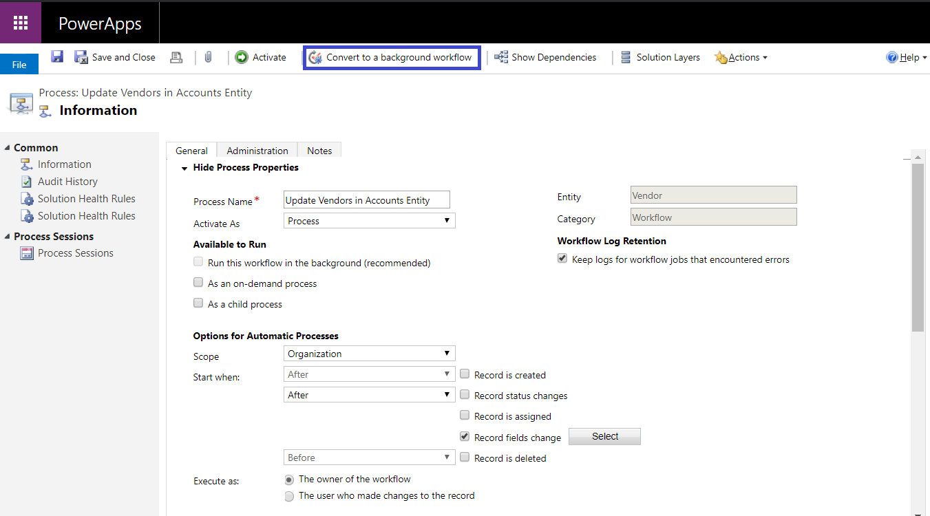 Screenshot of Convert to a background workflow button.