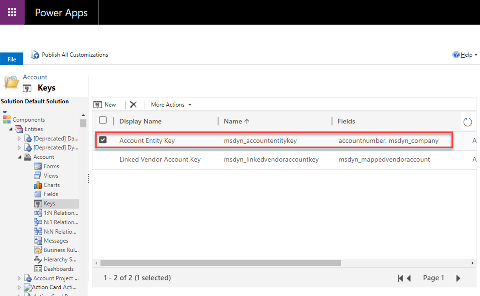 Screenshot of Dataverse keys for Account table showing accountnumber as the defined key.
