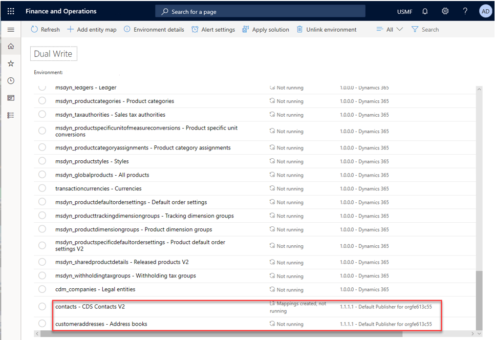 Screenshot of the dual-write table maps list showing two customized table maps.