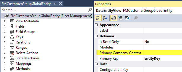 Screenshot of the FMCustomerGroupGlobalEntity entity with no value assigned to the PrimaryCompanyContext property.