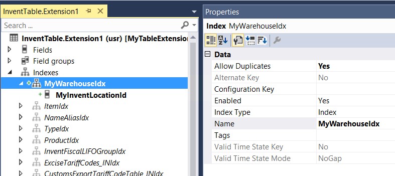 Screenshot of a new index defined on the InventTable extension.
