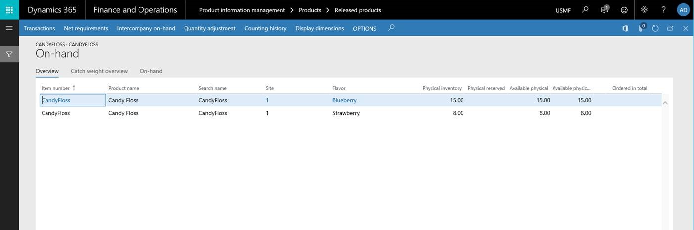 Screenshot of the InventDimension flavor sample application.