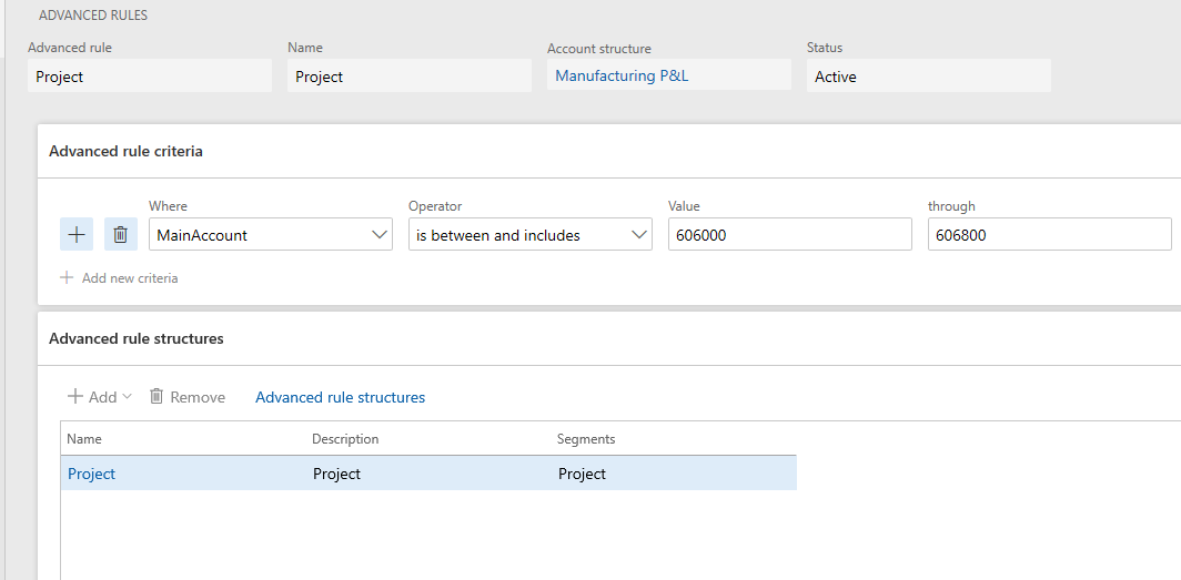 Screenshot of advanced rule that is linked to the Profit and loss account structure.