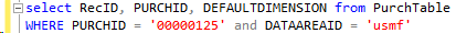 Screenshot of SQL query and output that shows default dimensions on a purchase order record.