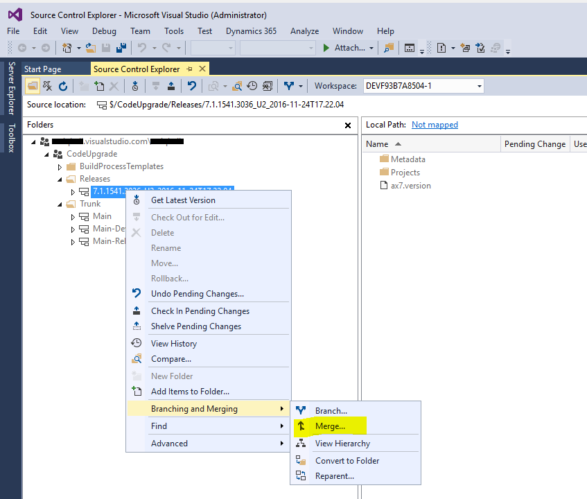 Screenshot of the merge release branch option in Visual Studio Source Control Explorer.