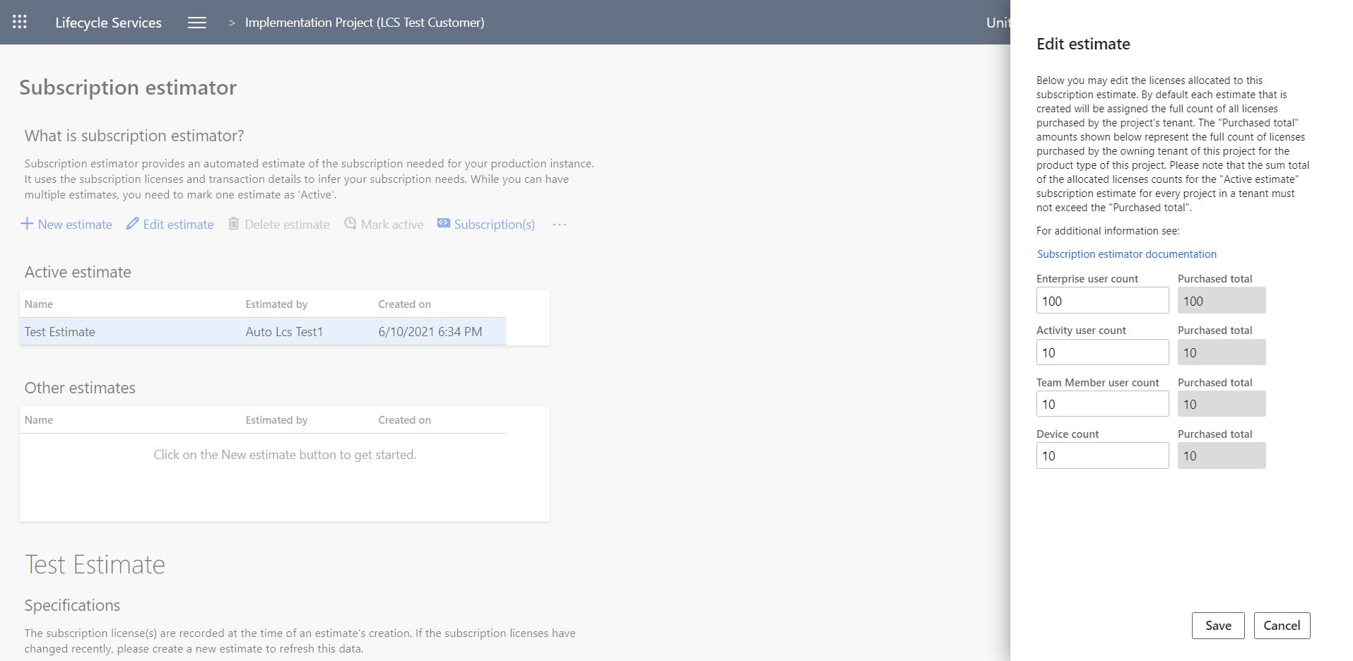 Screenshot of the Edit estimate dialog box in the Subscription estimator tool.