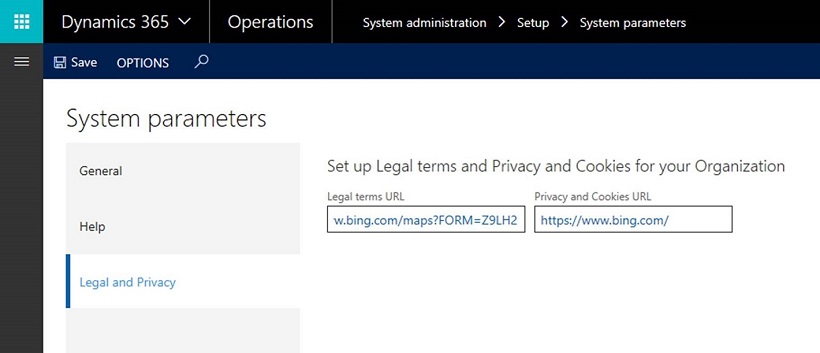 Screenshot of System parameters where you add a link to your organization's privacy statement.