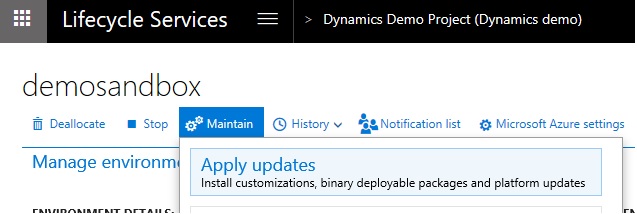 Screenshot of the Apply updates option in LCS.
