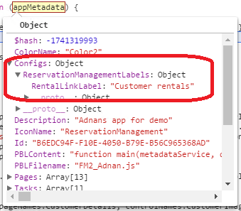 Screenshot of the config object in the mobile app.