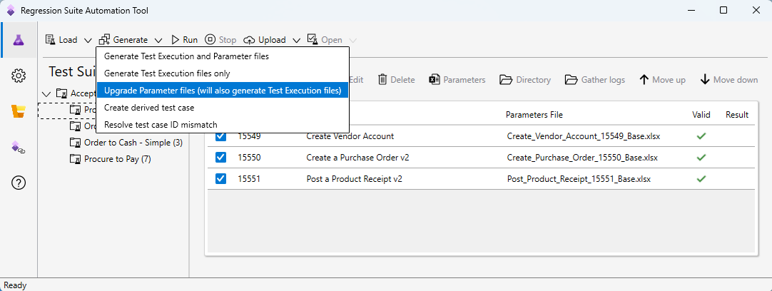 Screenshot of Upgrade Parameter files (auto generates Test Execution files) command on the Generate menu.
