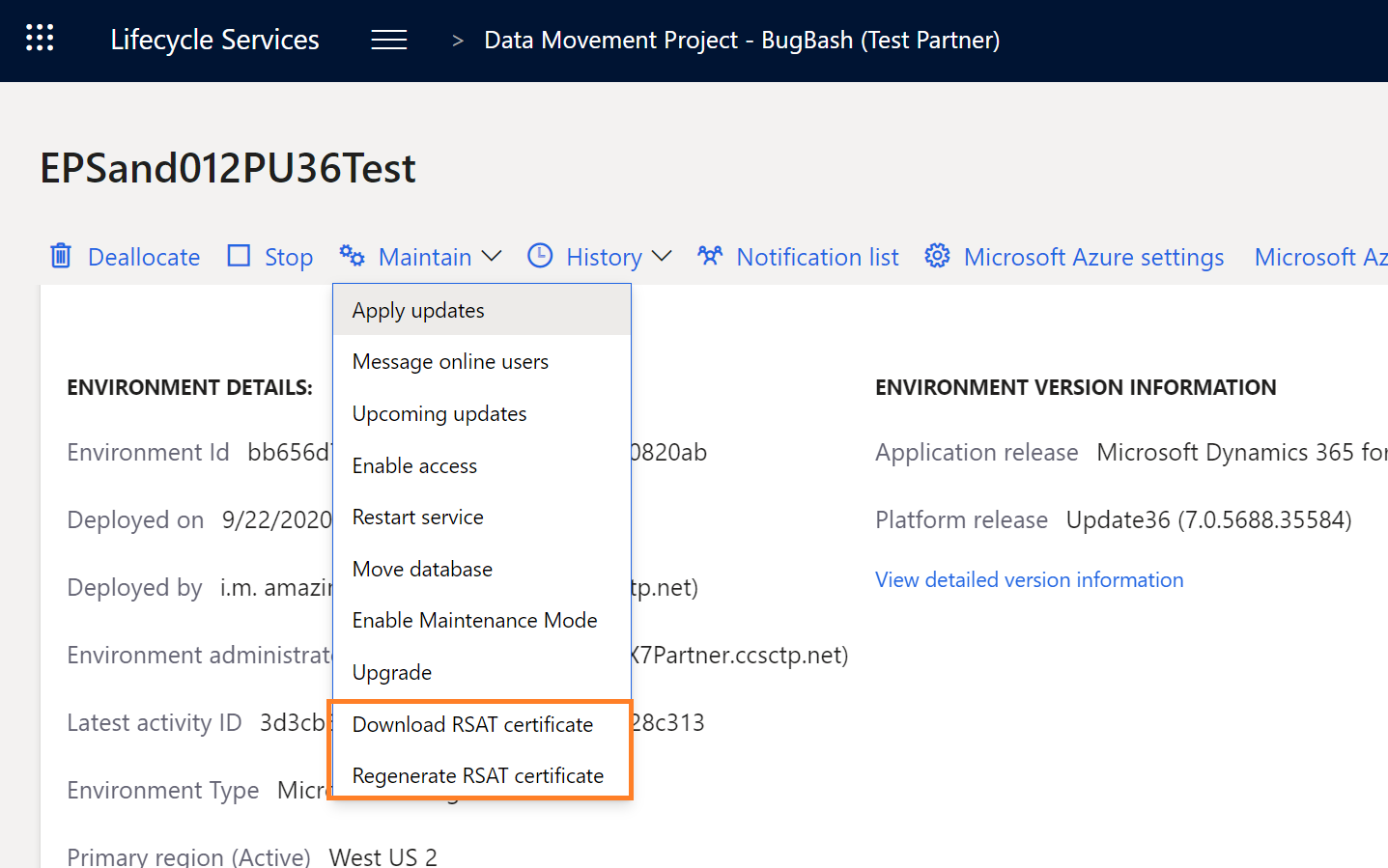 Screenshot of Download and regenerate RSAT certificate options.