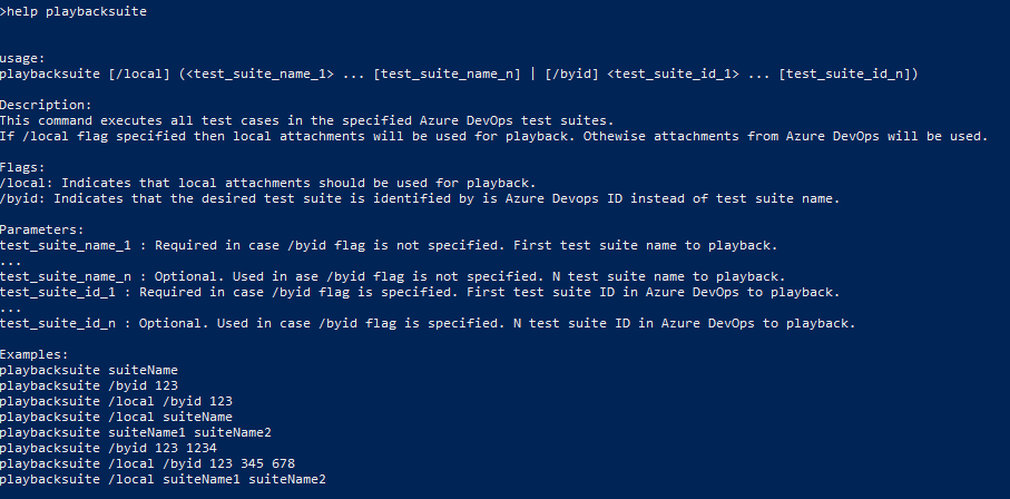 Screenshot of help for the playbacksuite RSAT command.