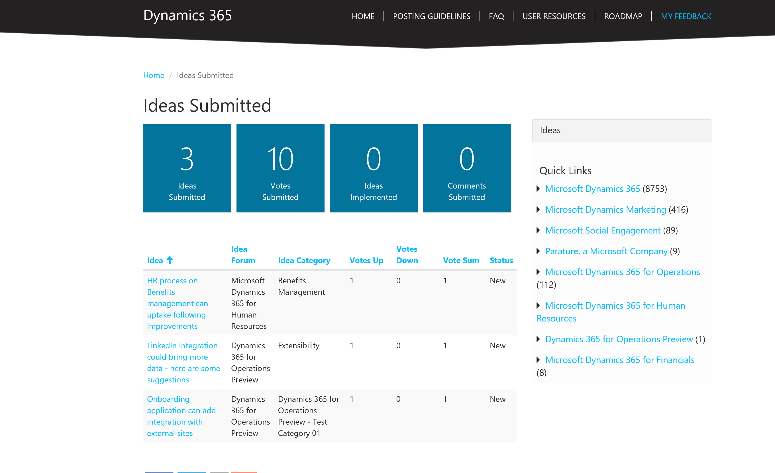 Screenshot of ideas options.