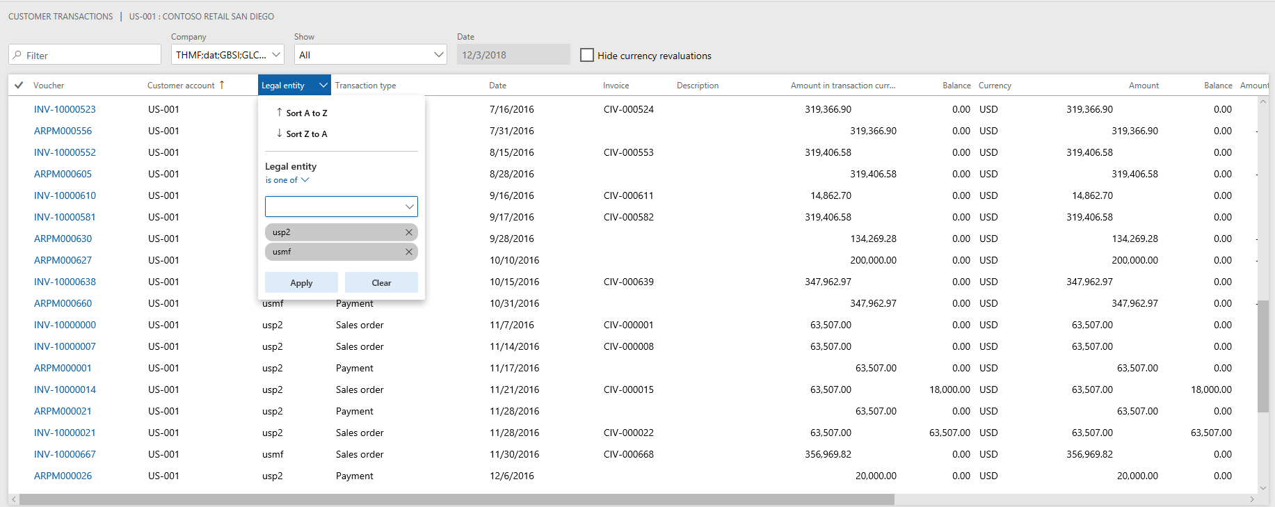 Screenshot of Filter by legal entity.